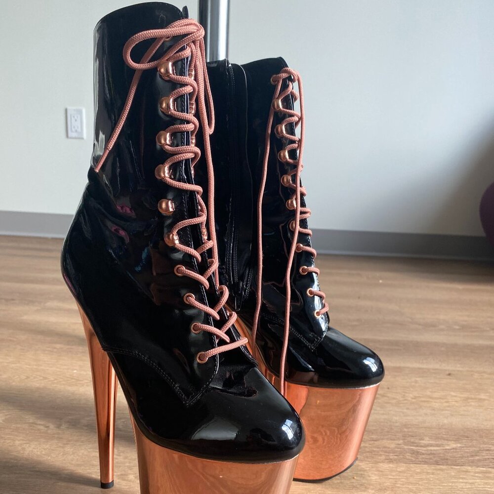 Pleaser Boots - Black/Rose Gold Chrome (Size 11) Flamingo 1020 - Pole Heels